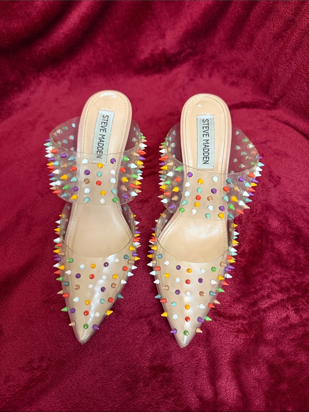 Steve Madden Nude Pointed Mules with Multicolor Spike Studs